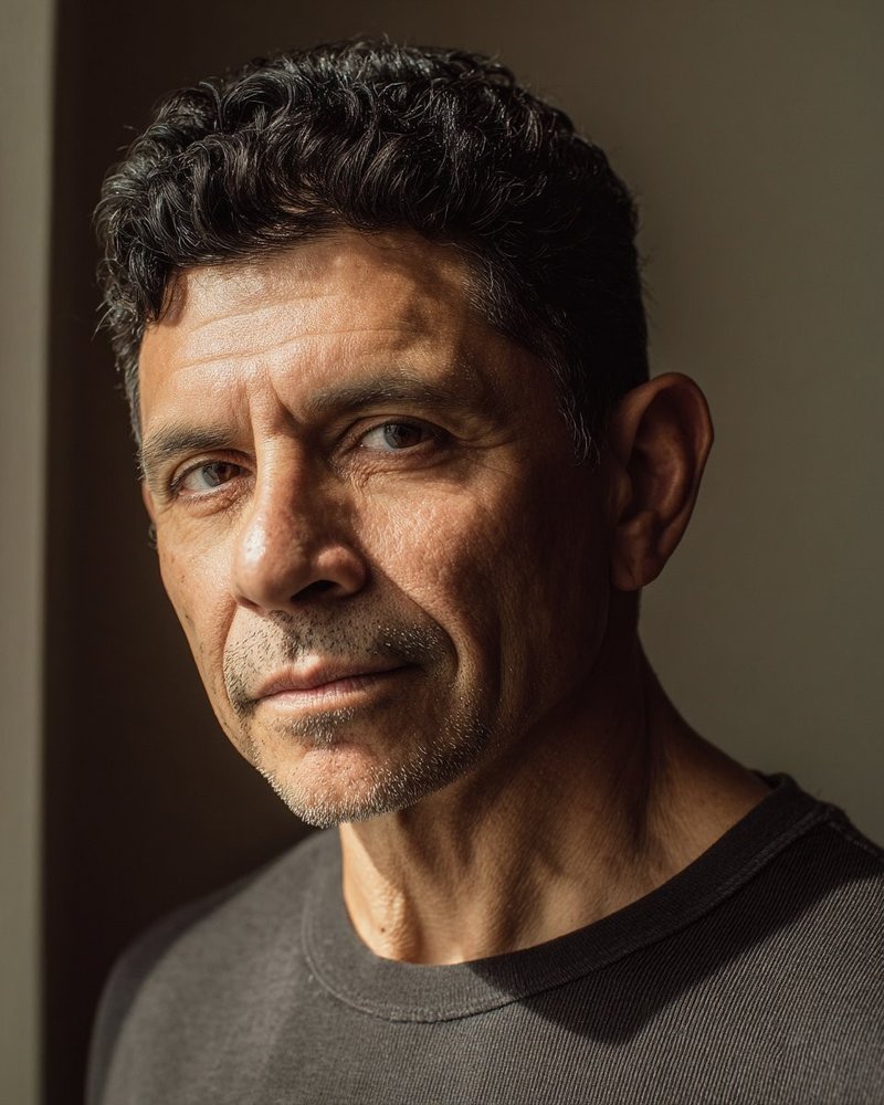 Three-quarter portrait of a man in his 50s with dark hair, lit by soft window light from the left, plain warm taupe background.