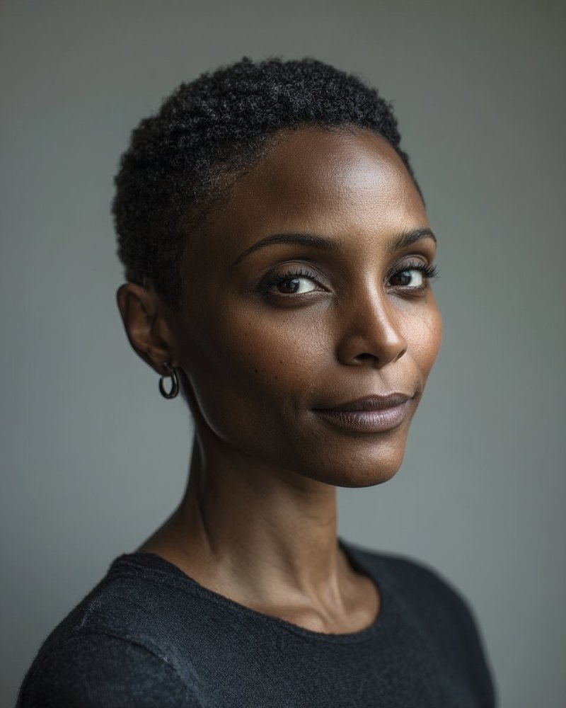 Frontal portrait of a woman in her 30s with very short dark hair, calm even illumination, plain mid-grey background.