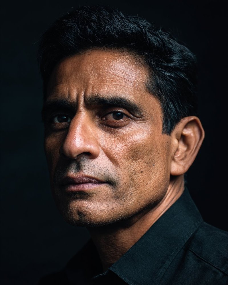 Dramatic chiaroscuro portrait of a man in his 50s, light from upper-right, deep shadow covering the left half of the face as one connected mass.