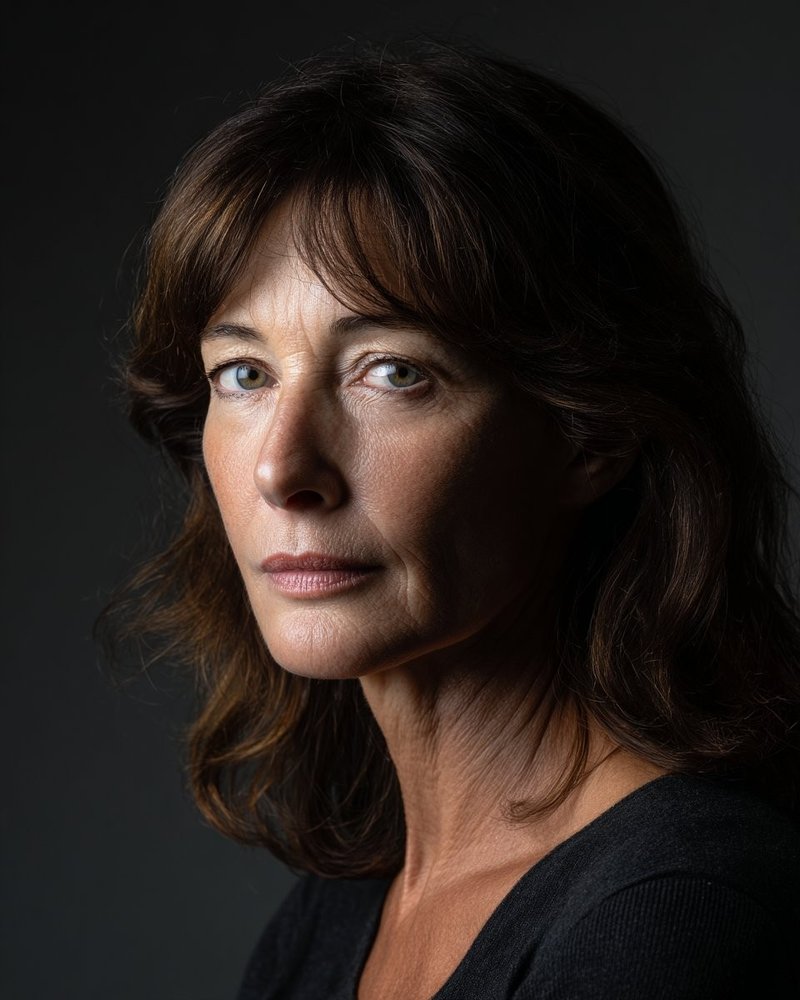 Three-quarter portrait of a woman in her 40s with shoulder-length brown hair, strong side light from the left creating a connected shadow on the right side of the face.