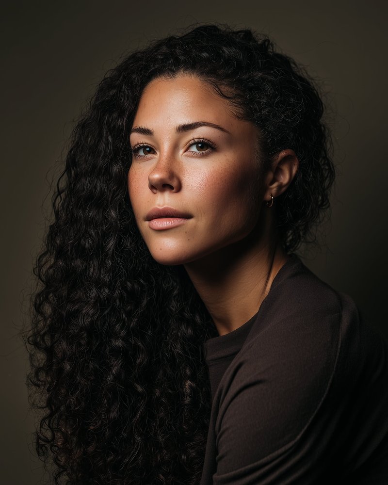 Portrait of a woman in her late 20s with long dark curly hair, three-quarter view, dark olive background where the hair on the shadow side dissolves into the background.