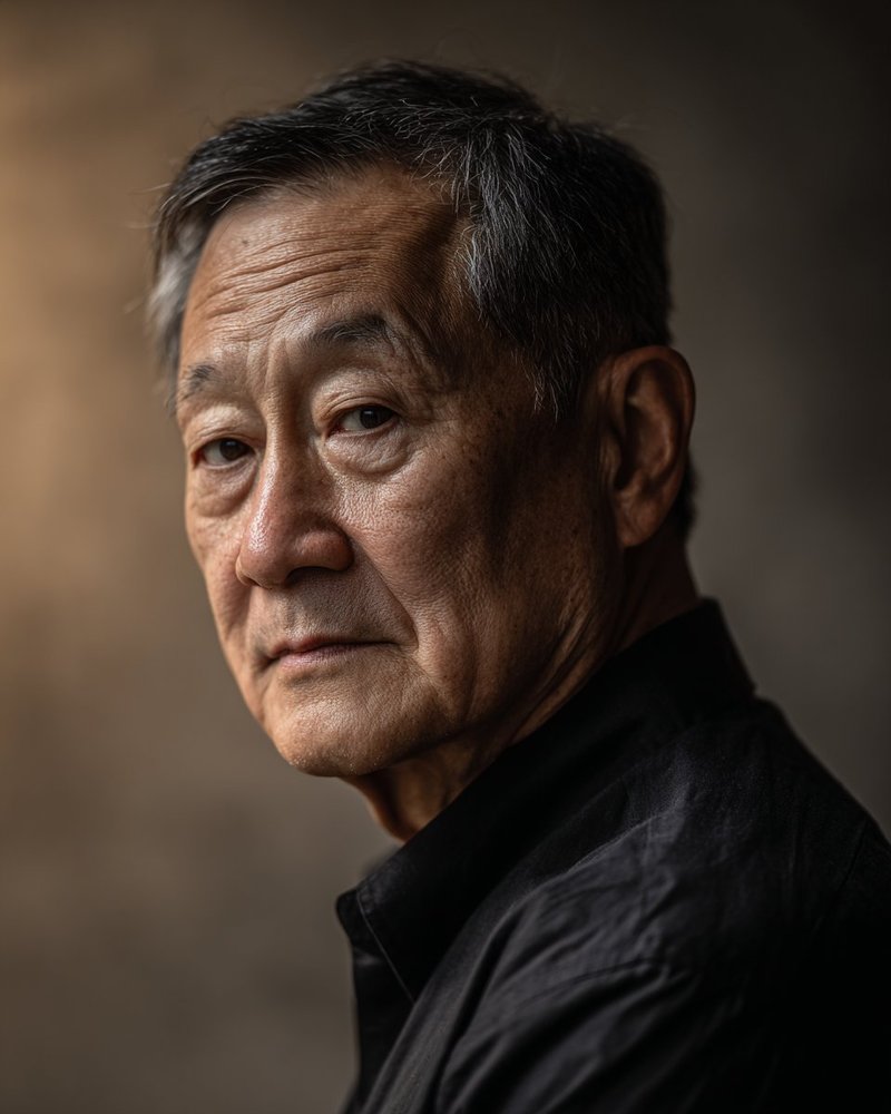 Portrait of a man around 60 with greying dark hair, soft directional warm light, atmospheric muted background where the hair and shoulder line fade gently into the surrounding tone.