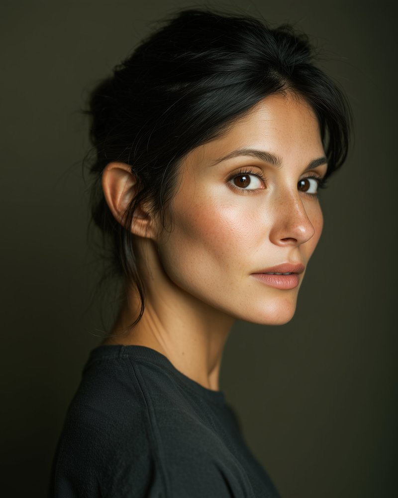 Three-quarter portrait of a woman in her 30s with dark hair pulled back, head rotated toward camera-right, dark olive background.