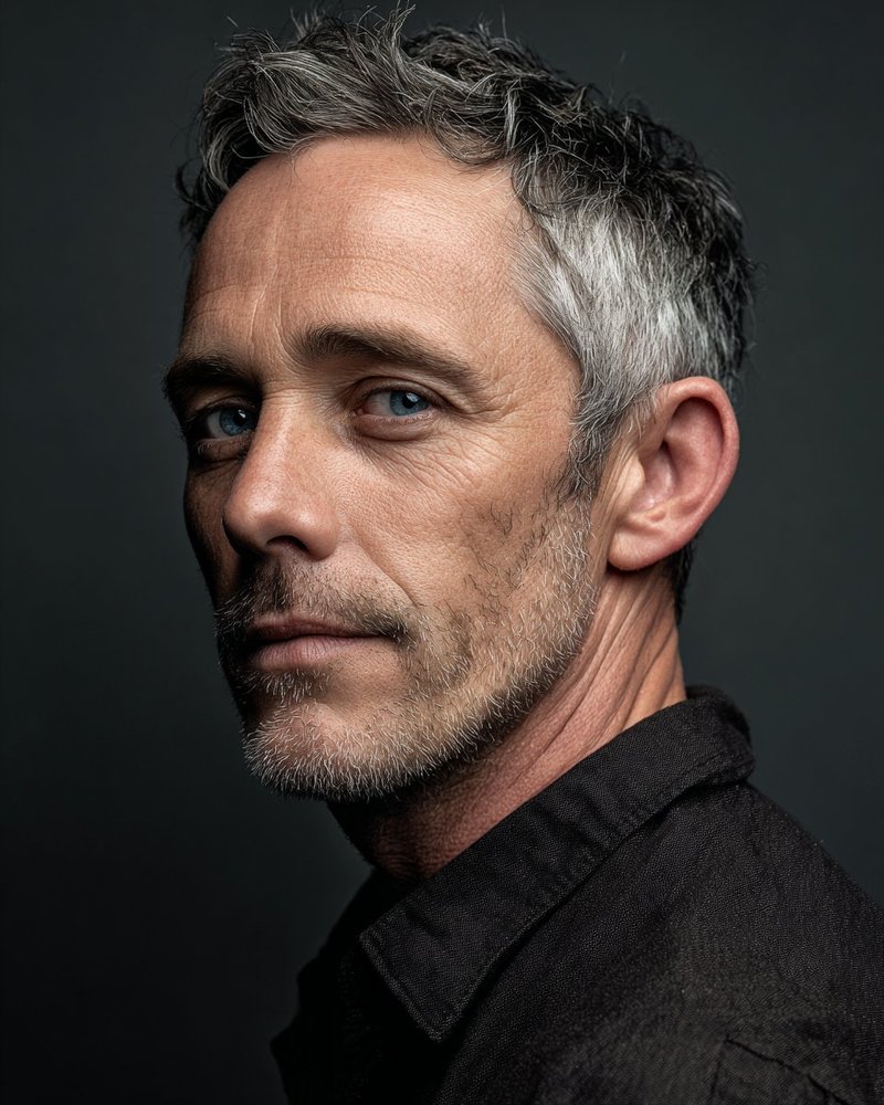 Three-quarter portrait of a man around 50 with grey-flecked dark hair and short stubble, head rotated significantly to the camera-left, dramatic directional light from upper-left, dark slate background.